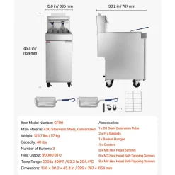VEVOR Commercial Propane Deep Fryer 90,000 BTU with 2 Baskets, 3-Tube Burner Fryer, Stainless Steel Floor Standing Deep Fryers Cart, 40 lbs Capacity for Restaurants