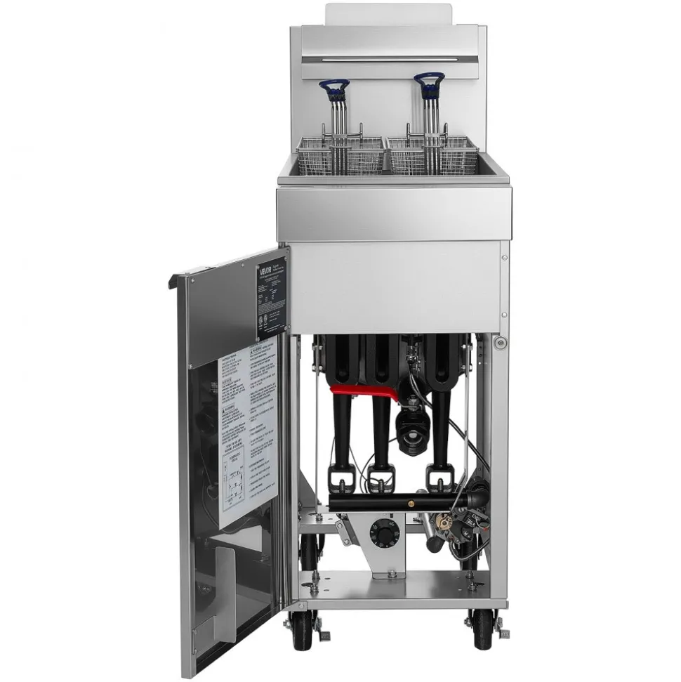 VEVOR Commercial Propane Deep Fryer 90,000 BTU with 2 Baskets, 3-Tube Burner Fryer, Stainless Steel Floor Standing Deep Fryers Cart, 40 lbs Capacity for Restaurants