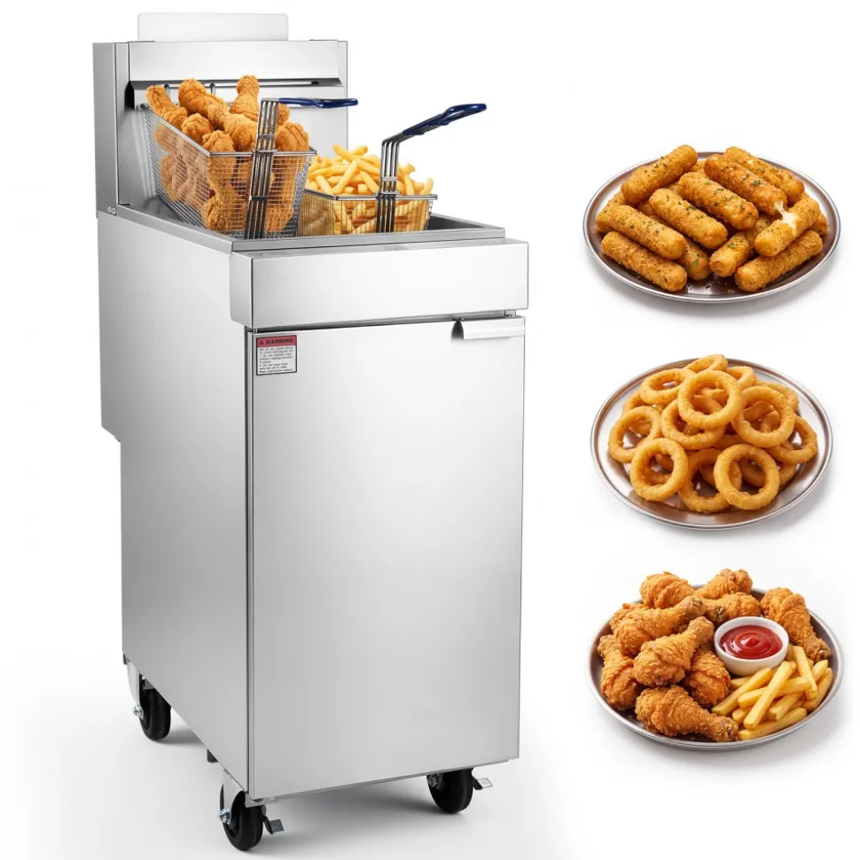VEVOR Commercial Propane Deep Fryer 90,000 BTU with 2 Baskets, 3-Tube Burner Fryer, Stainless Steel Floor Standing Deep Fryers Cart, 40 lbs Capacity for Restaurants