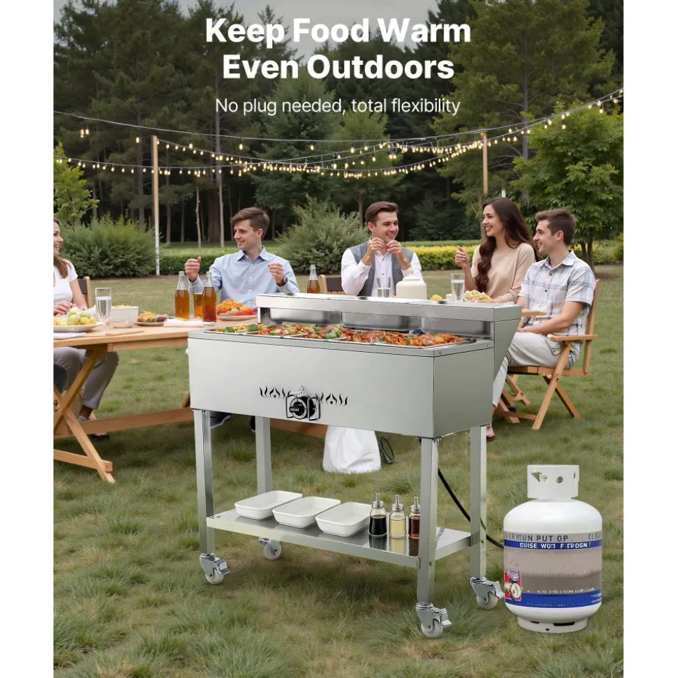 VEVOR Commercial Propane Steam Table, 5 Food Pans & 3 Condiment Pans, LP Gas Outdoor Soup Warmer with Drain Valve and 3" Wheels, Stainless Steel Propane Food Warmer with Adjustable Temp for Outdoor