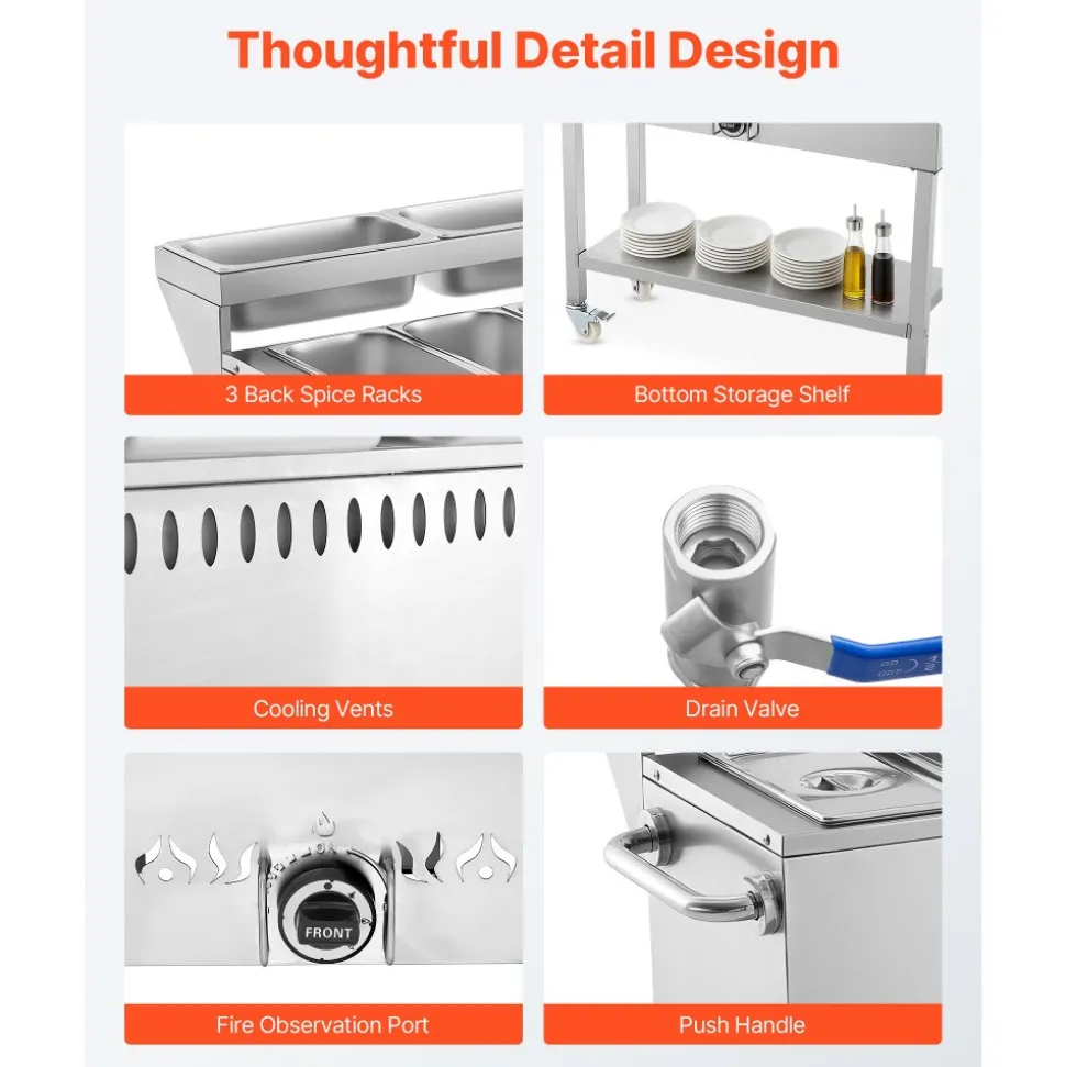 VEVOR Commercial Propane Steam Table, 5 Food Pans & 3 Condiment Pans, LP Gas Outdoor Soup Warmer with Drain Valve and 3" Wheels, Stainless Steel Propane Food Warmer with Adjustable Temp for Outdoor