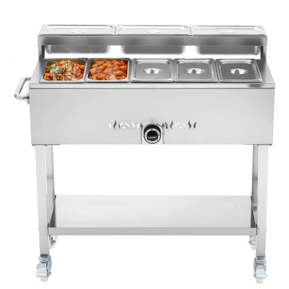 VEVOR Commercial Propane Steam Table, 5 Food Pans & 3 Condiment Pans, LP Gas Outdoor Soup Warmer with Drain Valve and 3" Wheels, Stainless Steel Propane Food Warmer with Adjustable Temp for Outdoor