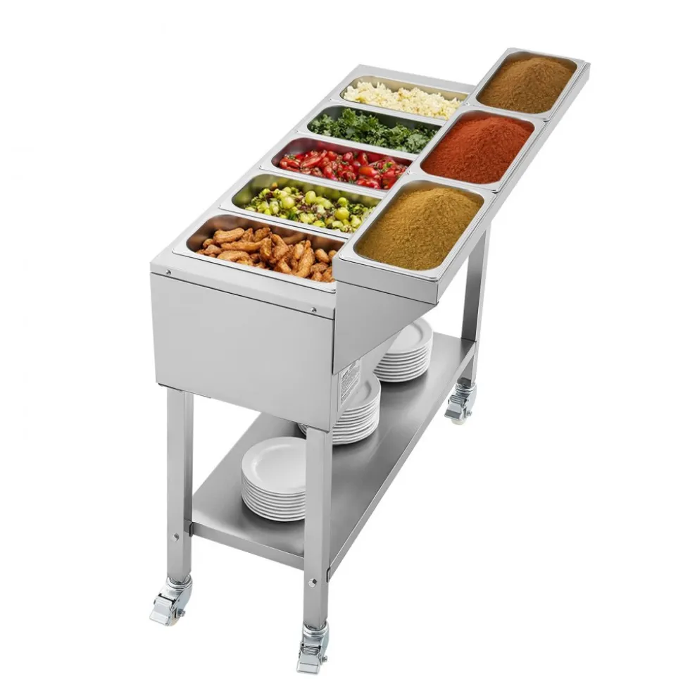 VEVOR Commercial Propane Steam Table, 5 Food Pans & 3 Condiment Pans, LP Gas Outdoor Soup Warmer with Drain Valve and 3" Wheels, Stainless Steel Propane Food Warmer with Adjustable Temp for Outdoor