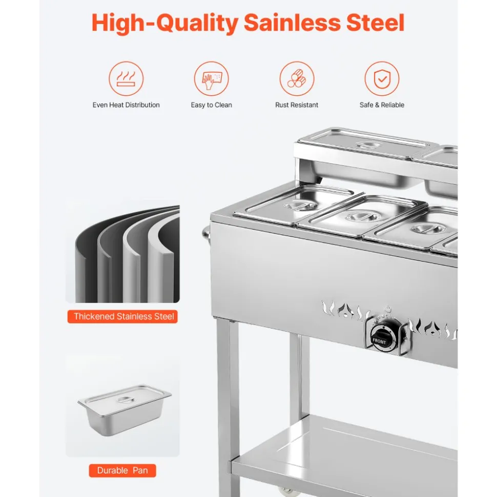 VEVOR Commercial Propane Steam Table, 5 Food Pans & 3 Condiment Pans, LP Gas Outdoor Soup Warmer with Drain Valve and 3" Wheels, Stainless Steel Propane Food Warmer with Adjustable Temp for Outdoor