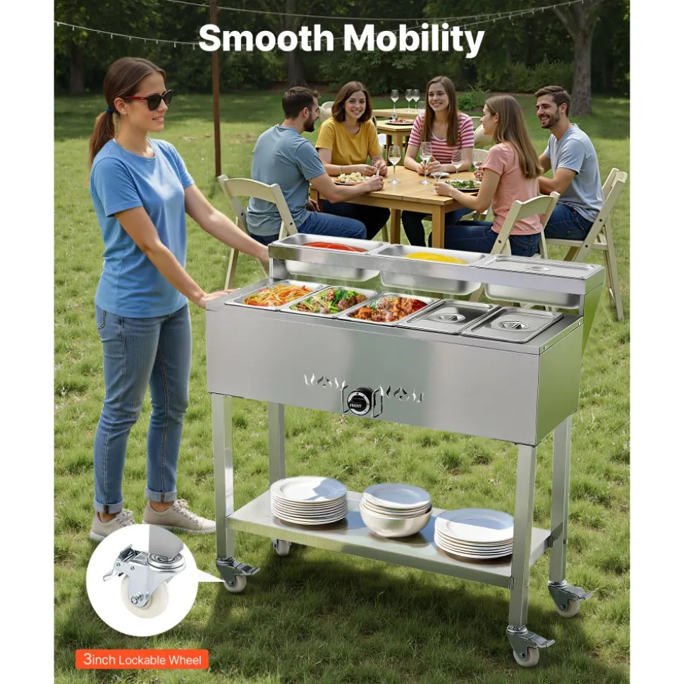 VEVOR Commercial Propane Steam Table, 5 Food Pans & 3 Condiment Pans, LP Gas Outdoor Soup Warmer with Drain Valve and 3" Wheels, Stainless Steel Propane Food Warmer with Adjustable Temp for Outdoor