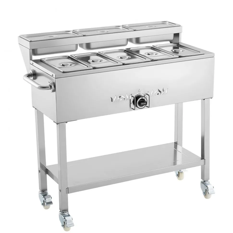 VEVOR Commercial Propane Steam Table, 5 Food Pans & 3 Condiment Pans, LP Gas Outdoor Soup Warmer with Drain Valve and 3" Wheels, Stainless Steel Propane Food Warmer with Adjustable Temp for Outdoor