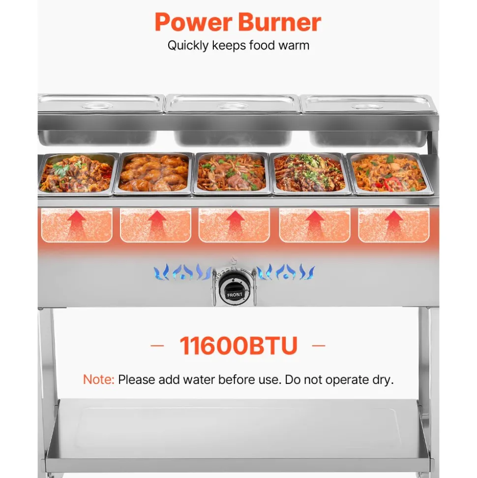 VEVOR Commercial Propane Steam Table, 5 Food Pans & 3 Condiment Pans, LP Gas Outdoor Soup Warmer with Drain Valve and 3" Wheels, Stainless Steel Propane Food Warmer with Adjustable Temp for Outdoor