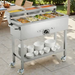 VEVOR Commercial Propane Steam Table, 5 Food Pans & 3 Condiment Pans, LP Gas Outdoor Soup Warmer with Drain Valve and 3