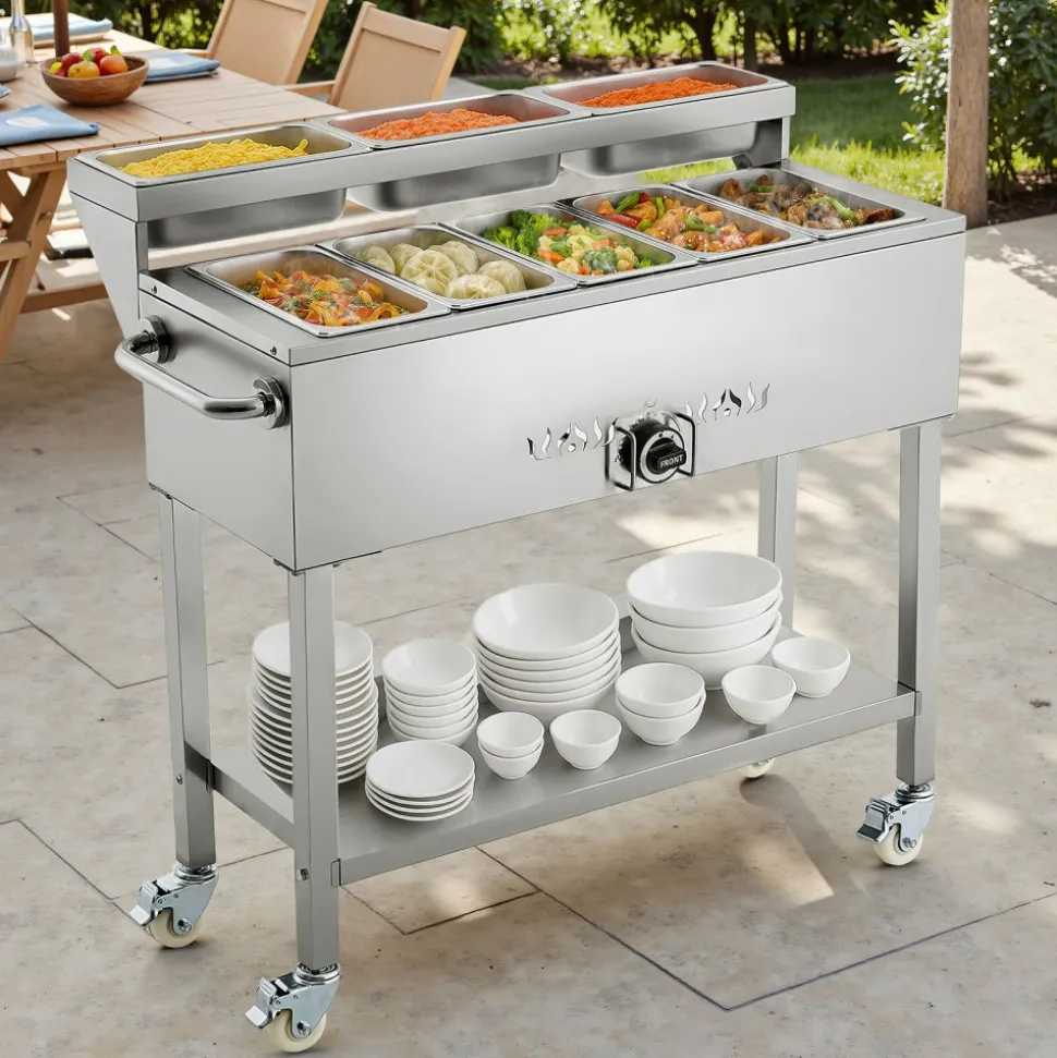 VEVOR Commercial Propane Steam Table, 5 Food Pans & 3 Condiment Pans, LP Gas Outdoor Soup Warmer with Drain Valve and 3" Wheels, Stainless Steel Propane Food Warmer with Adjustable Temp for Outdoor