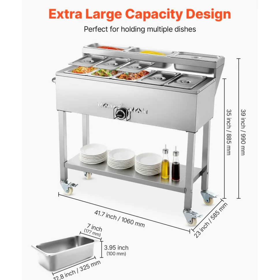 VEVOR Commercial Propane Steam Table, 5 Food Pans & 3 Condiment Pans, LP Gas Outdoor Soup Warmer with Drain Valve and 3" Wheels, Stainless Steel Propane Food Warmer with Adjustable Temp for Outdoor