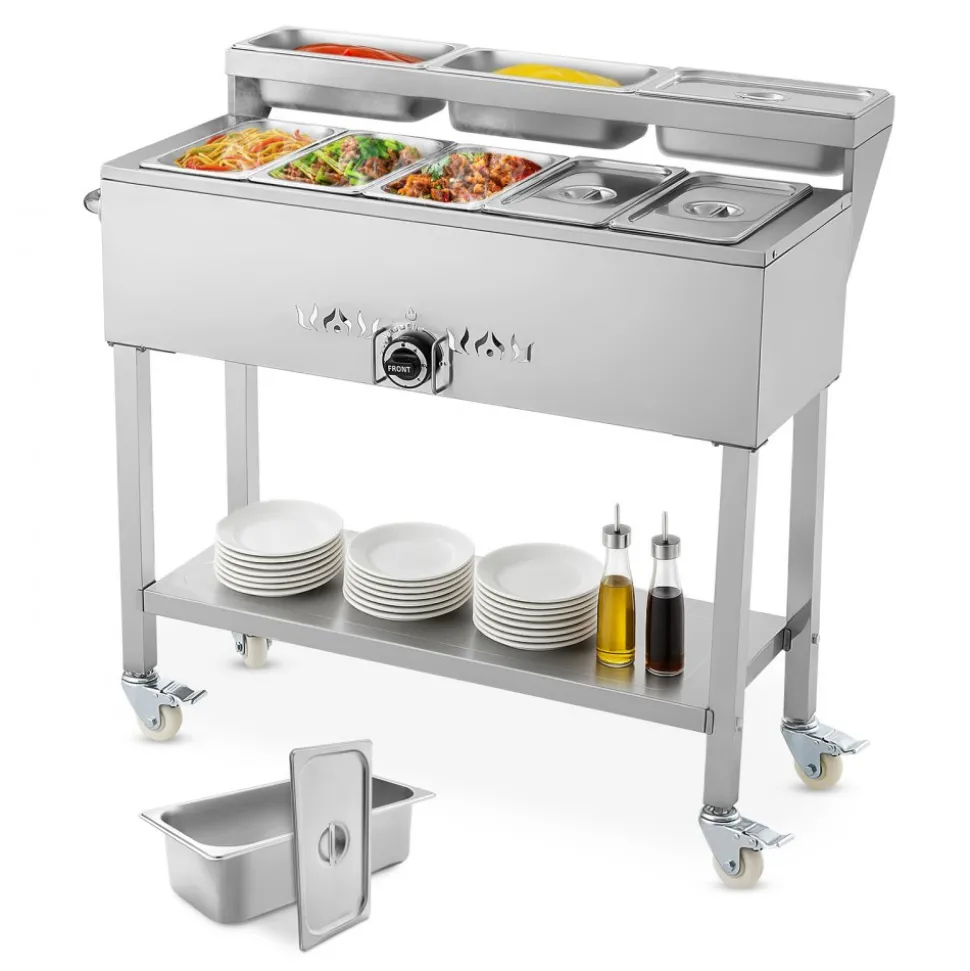 VEVOR Commercial Propane Steam Table, 5 Food Pans & 3 Condiment Pans, LP Gas Outdoor Soup Warmer with Drain Valve and 3" Wheels, Stainless Steel Propane Food Warmer with Adjustable Temp for Outdoor