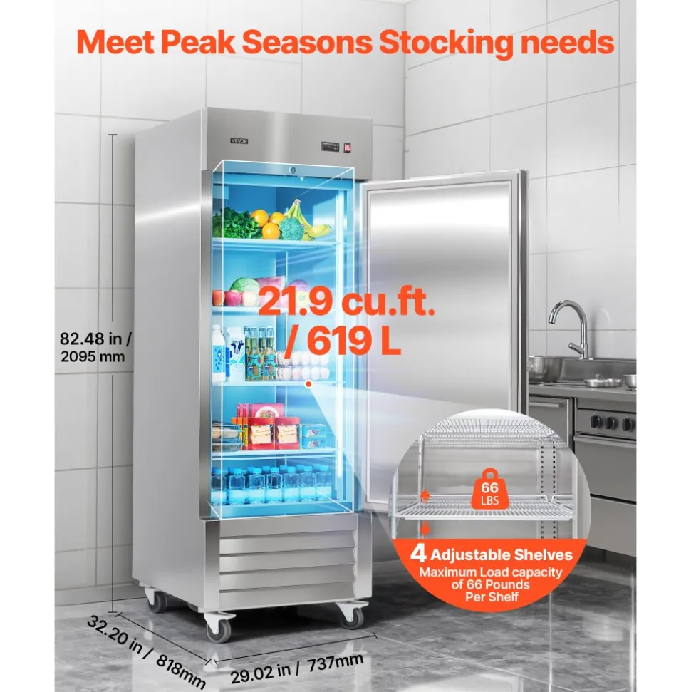 VEVOR Commercial Reach-In Refrigerator 29" W, 22 Cu.Ft Stainless Steel Upright Refrigerator with Single Door, Auto-Defrost, 4 Adjustable Shelves, 32 to 50℉ Temperature Control, ETL Certified