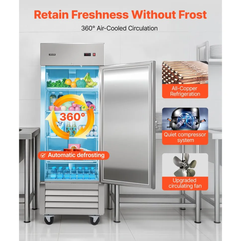 VEVOR Commercial Reach-In Refrigerator 29" W, 22 Cu.Ft Stainless Steel Upright Refrigerator with Single Door, Auto-Defrost, 4 Adjustable Shelves, 32 to 50℉ Temperature Control, ETL Certified