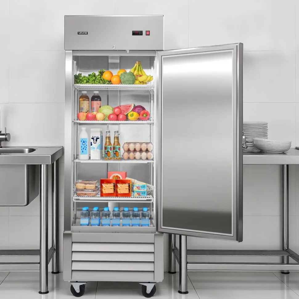 VEVOR Commercial Reach-In Refrigerator 29" W, 22 Cu.Ft Stainless Steel Upright Refrigerator with Single Door, Auto-Defrost, 4 Adjustable Shelves, 32 to 50℉ Temperature Control, ETL Certified