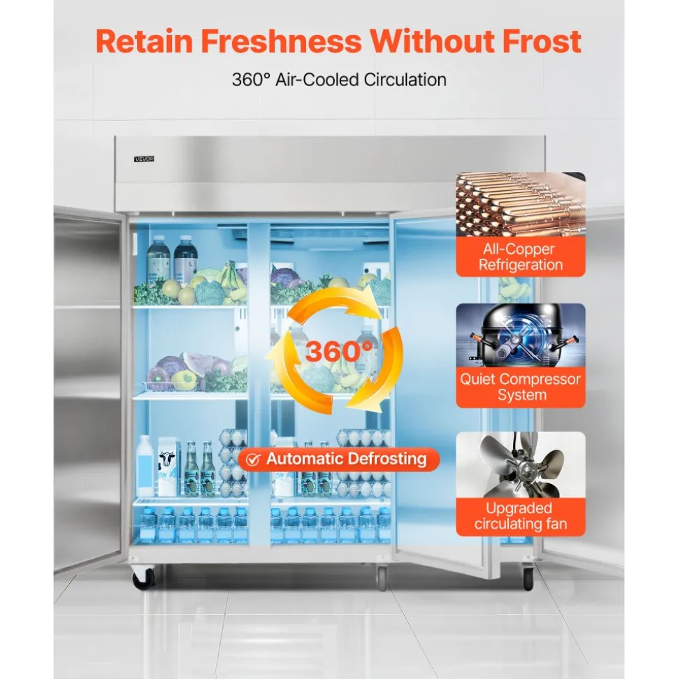 VEVOR Commercial Reach-In Refrigerator 72" W, 52 Cu.Ft Stainless Steel Upright Refrigerator with Three Doors, Auto-Defrost, 9 Adjustable Shelves, 32 to 50℉ Temp Control, UL Certified
