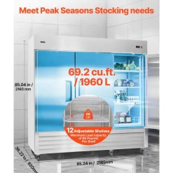 VEVOR Commercial Reach-In Refrigerator 85" W, 69 Cu.Ft Stainless Steel Upright Refrigerator with Three Doors, Auto-Defrost, 12 Adjustable Shelves, 32 to 50℉ Temp Control, ETL Certified
