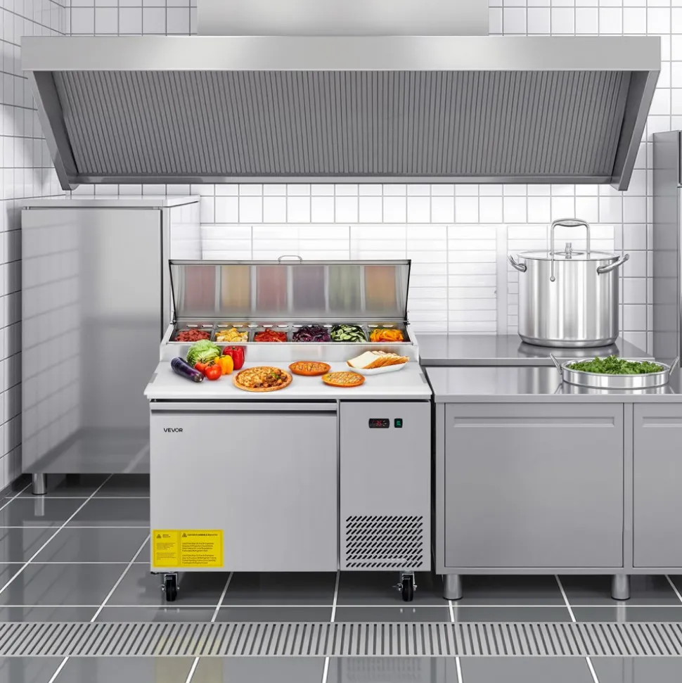VEVOR Commercial Refrigerator, 44" W Pizza Prep Refrigerated Table, 20" Ultra Wide Countertop Food Prep Worktable, 11 Cu.Ft Single Door Salad Prep Fridge, 6 Pans Pizza Make Worktop with Cutting Board