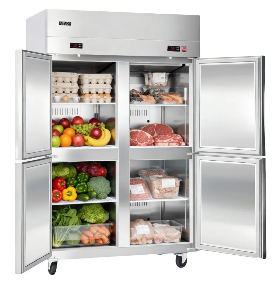 VEVOR Commercial Refrigerator, 32.2 in Width Reach In Upright Refrigeration Double Glass Door, 43.2 Cu.ft Auto-Defrost Stainless Steel Refrigerator with 8 Adjustable Shelves, 32 to 50℉ Temp Range