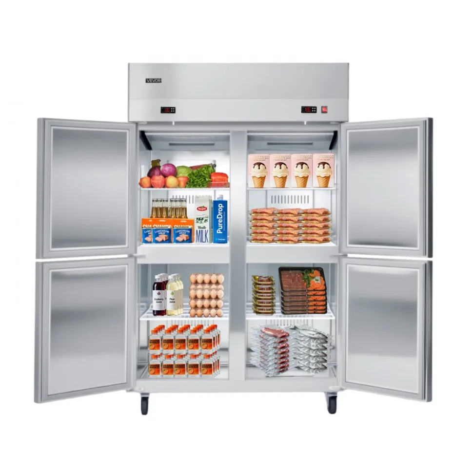 VEVOR Commercial Refrigerator, 32.2 in Width Reach In Upright Refrigeration Double Glass Door, 43.2 Cu.ft Auto-Defrost Stainless Steel Refrigerator with 8 Adjustable Shelves, 32 to 50℉ Temp Range