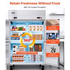 VEVOR Commercial Refrigerator, 32.2 in Width Reach In Upright Refrigeration Double Glass Door, 43.2 Cu.ft Auto-Defrost Stainless Steel Refrigerator with 8 Adjustable Shelves, 32 to 50℉ Temp Range