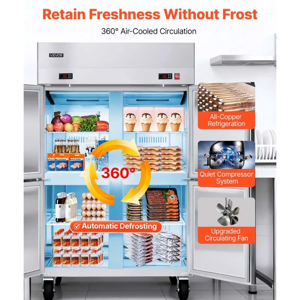 VEVOR Commercial Refrigerator, 32.2 in Width Reach In Upright Refrigeration Double Glass Door, 43.2 Cu.ft Auto-Defrost Stainless Steel Refrigerator with 8 Adjustable Shelves, 32 to 50℉ Temp Range