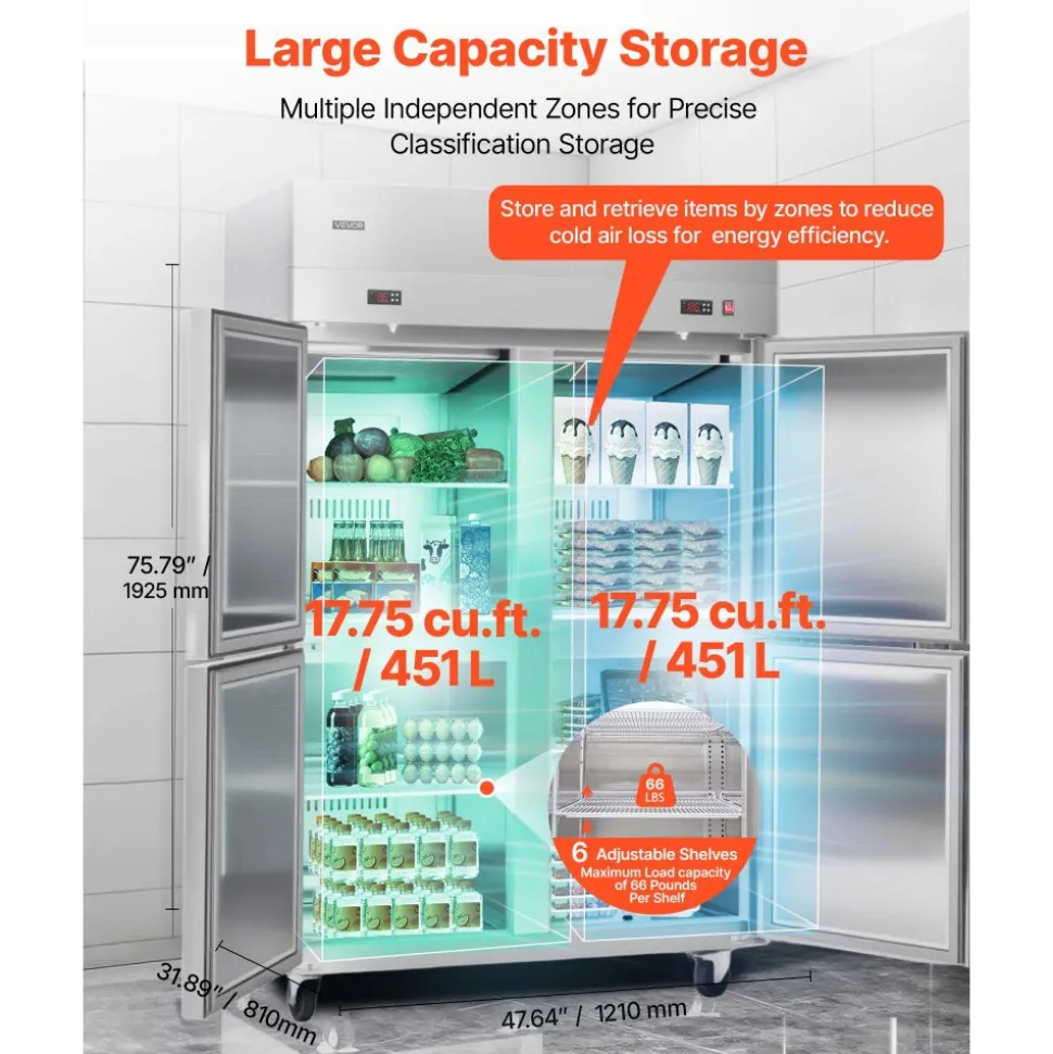 VEVOR Commercial Refrigerator, 32.2 in Width Reach In Upright Refrigeration Double Glass Door, 43.2 Cu.ft Auto-Defrost Stainless Steel Refrigerator with 8 Adjustable Shelves, 32 to 50℉ Temp Range