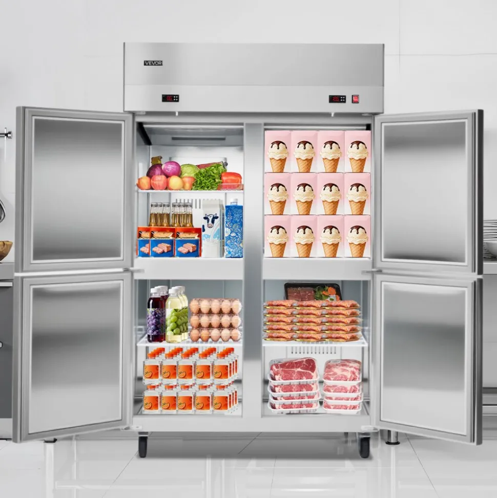 VEVOR Commercial Refrigerator, 32.2 in Width Reach In Upright Refrigeration Double Glass Door, 43.2 Cu.ft Auto-Defrost Stainless Steel Refrigerator with 8 Adjustable Shelves, 32 to 50℉ Temp Range