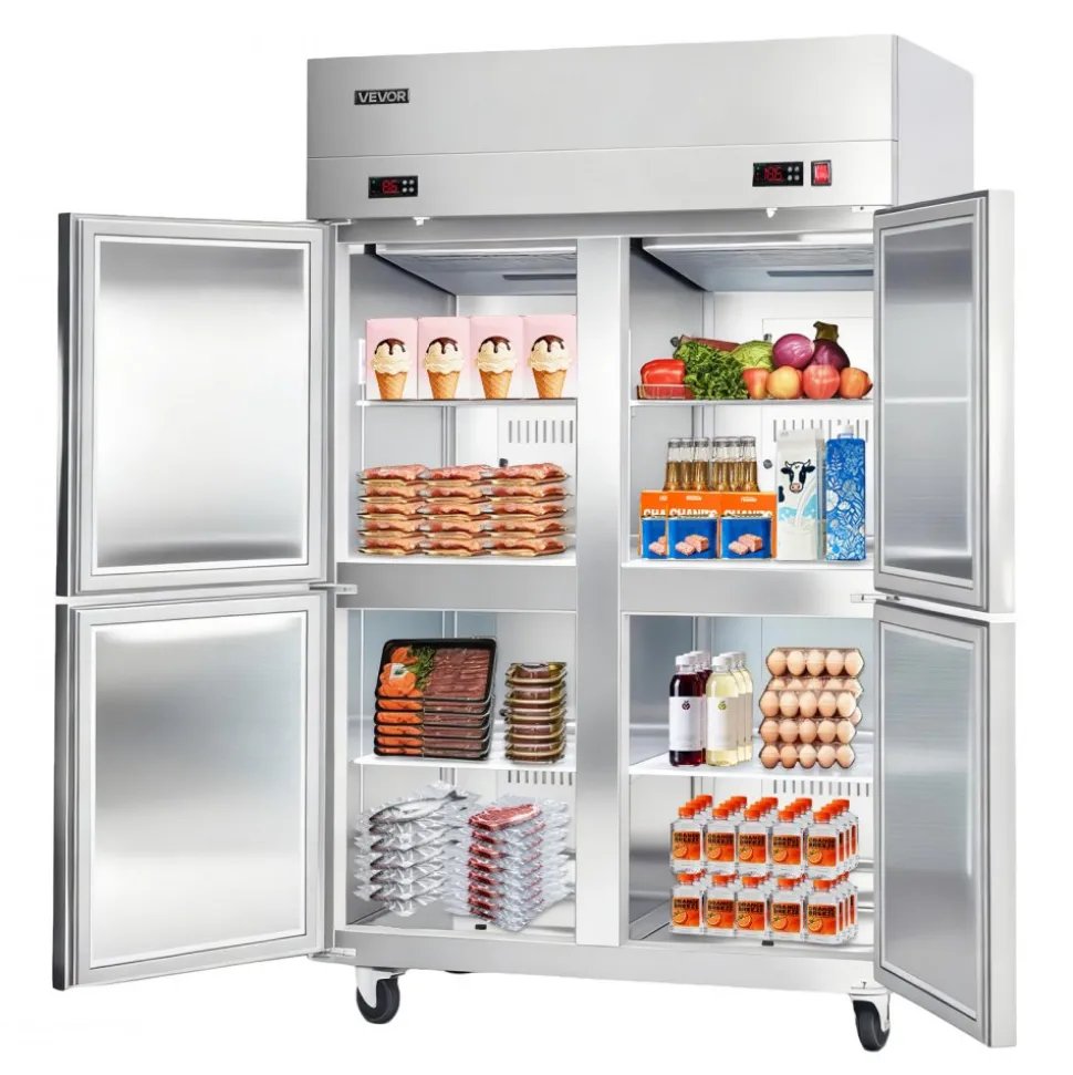 VEVOR Commercial Refrigerator, 32.2 in Width Reach In Upright Refrigeration Double Glass Door, 43.2 Cu.ft Auto-Defrost Stainless Steel Refrigerator with 8 Adjustable Shelves, 32 to 50℉ Temp Range