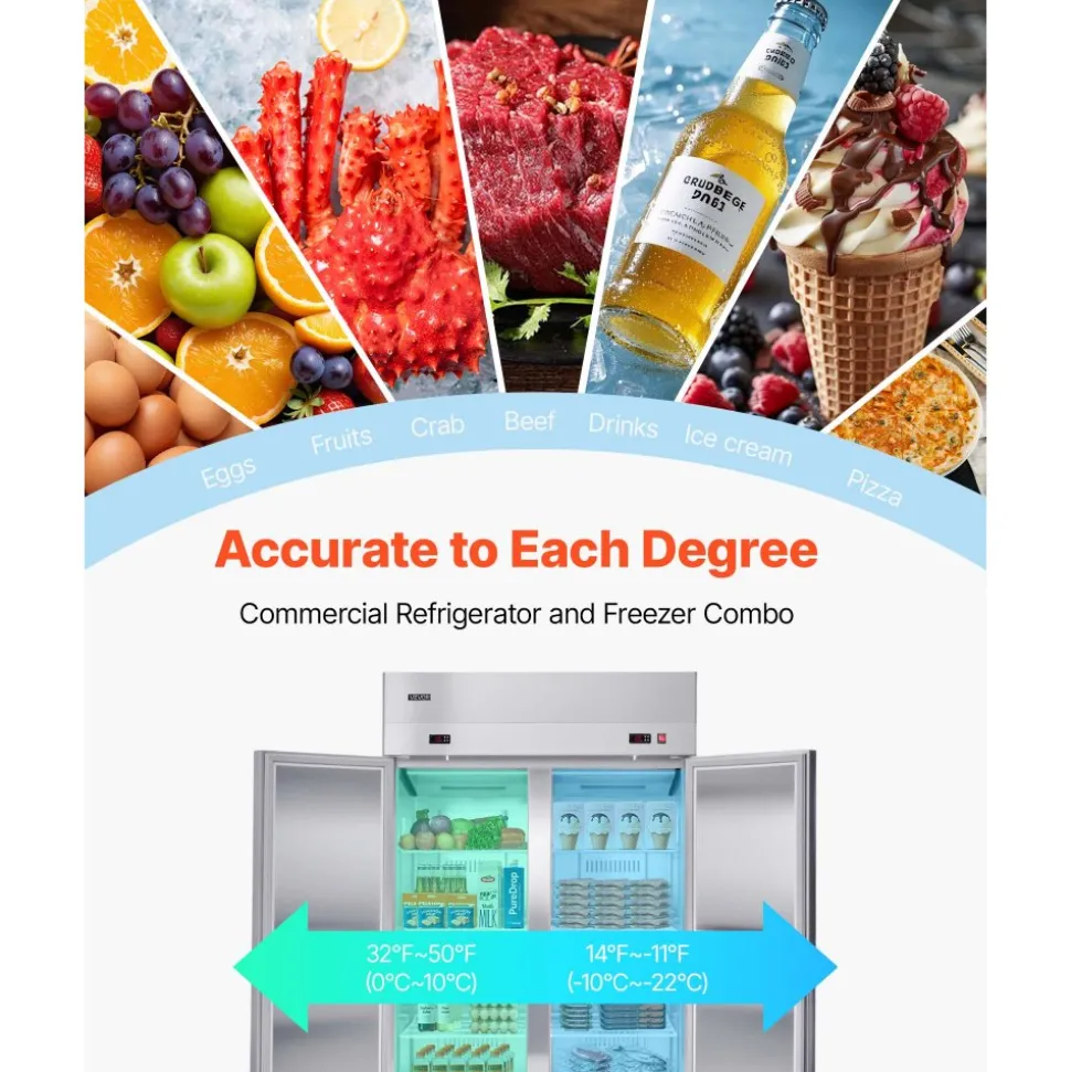 VEVOR Commercial Refrigerator, 32.2 in Width Reach In Upright Refrigeration Double Glass Door, 43.2 Cu.ft Auto-Defrost Stainless Steel Refrigerator with 8 Adjustable Shelves, 32 to 50℉ Temp Range