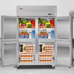 VEVOR Commercial Refrigerator, 31.89 in Width Reach In Upright Refrigeration Four Door, 31.4 Cu.ft Auto-Defrost Stainless Steel Refrigerator with 6 Adjustable Shelves, 32 to 50℉ Temp Range, 4 Wheels
