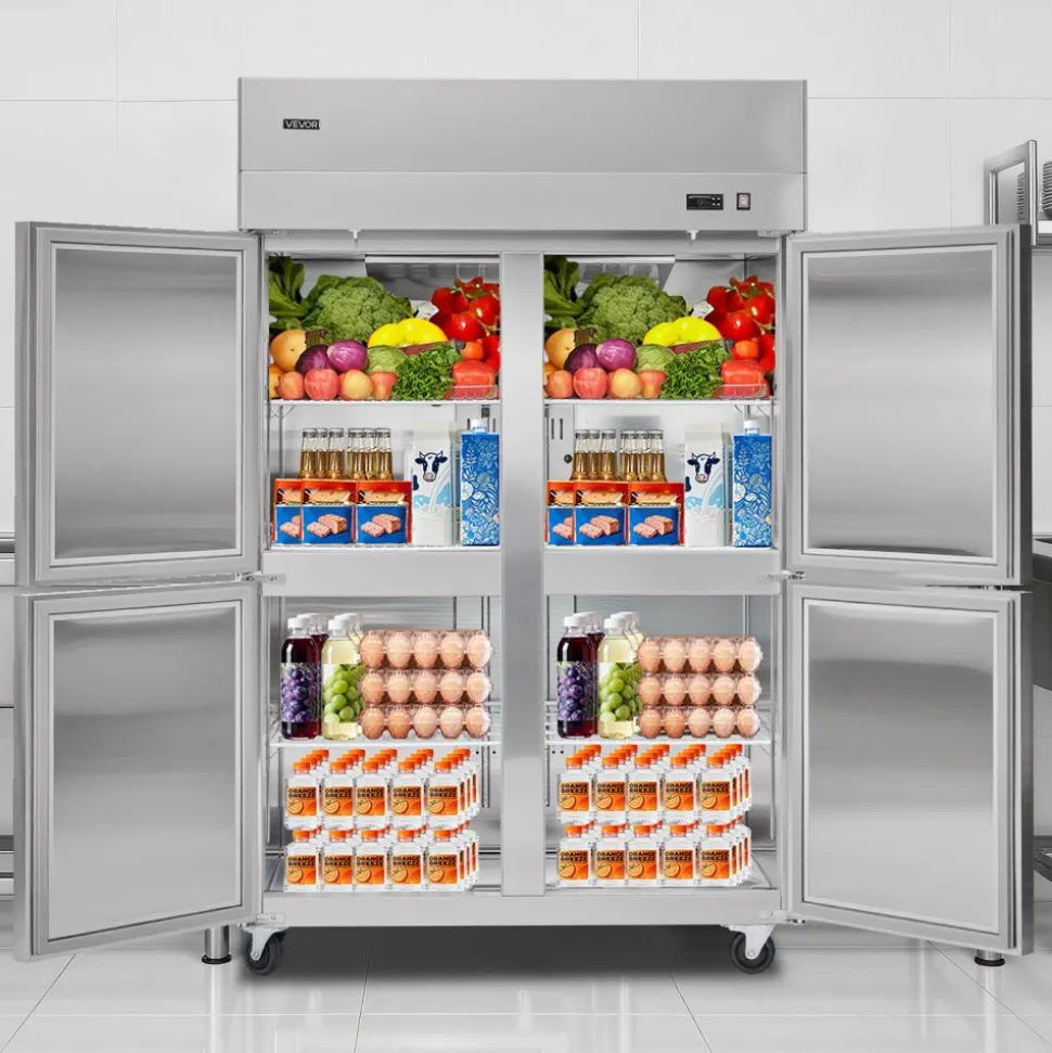 VEVOR Commercial Refrigerator, 31.89 in Width Reach In Upright Refrigeration Four Door, 31.4 Cu.ft Auto-Defrost Stainless Steel Refrigerator with 6 Adjustable Shelves, 32 to 50℉ Temp Range, 4 Wheels