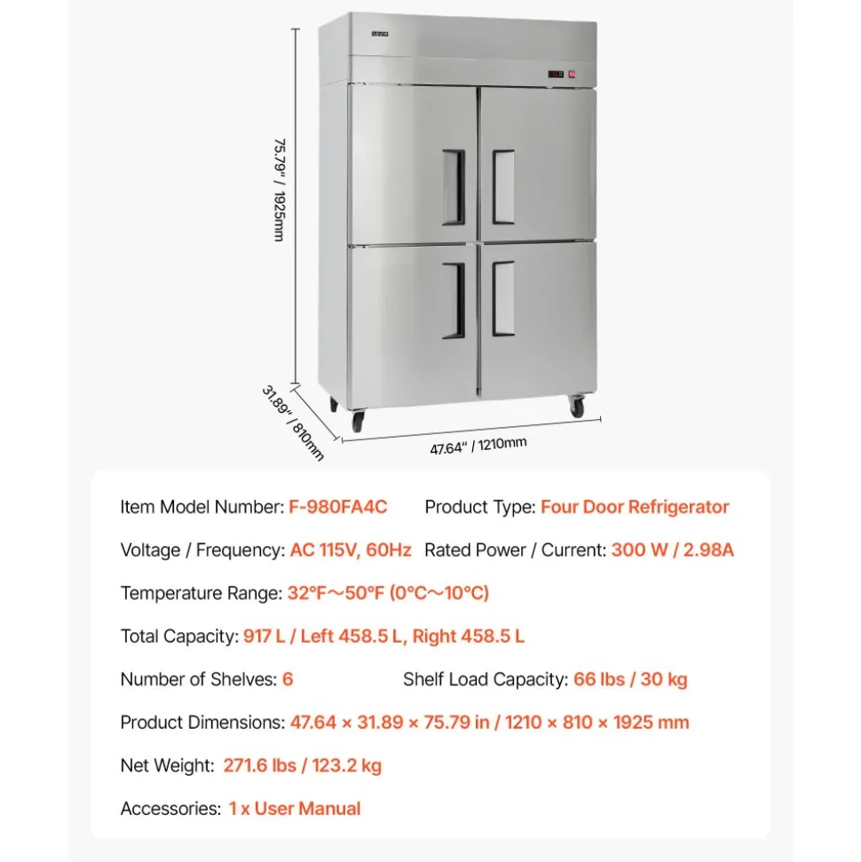 VEVOR Commercial Refrigerator, 31.89 in Width Reach In Upright Refrigeration Four Door, 31.4 Cu.ft Auto-Defrost Stainless Steel Refrigerator with 6 Adjustable Shelves, 32 to 50℉ Temp Range, 4 Wheels