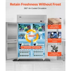 VEVOR Commercial Refrigerator, 31.89 in Width Reach In Upright Refrigeration Four Door, 31.4 Cu.ft Auto-Defrost Stainless Steel Refrigerator with 6 Adjustable Shelves, 32 to 50℉ Temp Range, 4 Wheels