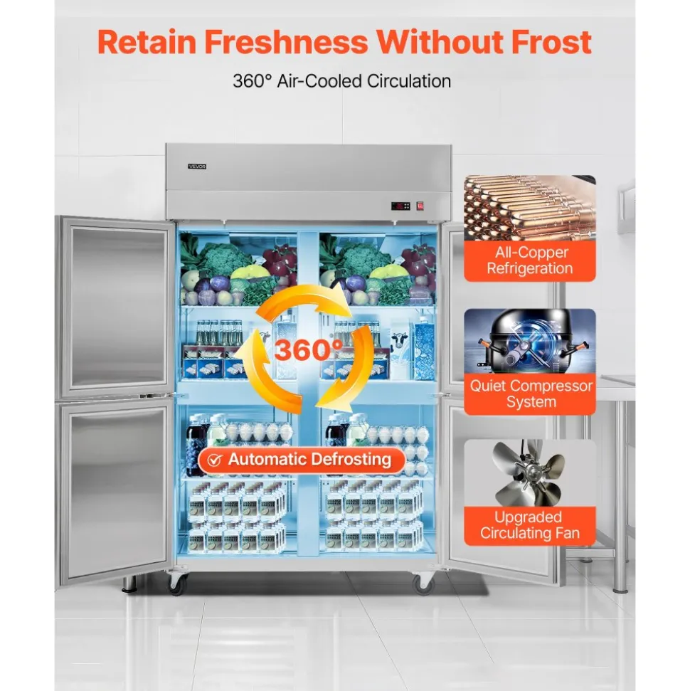 VEVOR Commercial Refrigerator, 31.89 in Width Reach In Upright Refrigeration Four Door, 31.4 Cu.ft Auto-Defrost Stainless Steel Refrigerator with 6 Adjustable Shelves, 32 to 50℉ Temp Range, 4 Wheels