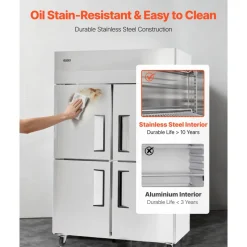 VEVOR Commercial Refrigerator, 31.89 in Width Reach In Upright Refrigeration Four Door, 31.4 Cu.ft Auto-Defrost Stainless Steel Refrigerator with 6 Adjustable Shelves, 32 to 50℉ Temp Range, 4 Wheels