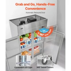 VEVOR Commercial Refrigerator, 31.89 in Width Reach In Upright Refrigeration Four Door, 31.4 Cu.ft Auto-Defrost Stainless Steel Refrigerator with 6 Adjustable Shelves, 32 to 50℉ Temp Range, 4 Wheels