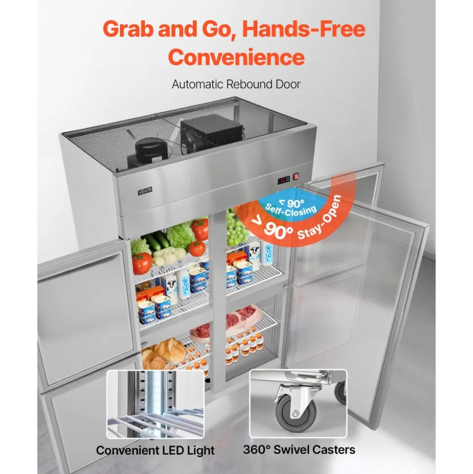 VEVOR Commercial Refrigerator, 31.89 in Width Reach In Upright Refrigeration Four Door, 31.4 Cu.ft Auto-Defrost Stainless Steel Refrigerator with 6 Adjustable Shelves, 32 to 50℉ Temp Range, 4 Wheels