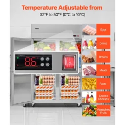 VEVOR Commercial Refrigerator, 31.89 in Width Reach In Upright Refrigeration Four Door, 31.4 Cu.ft Auto-Defrost Stainless Steel Refrigerator with 6 Adjustable Shelves, 32 to 50℉ Temp Range, 4 Wheels