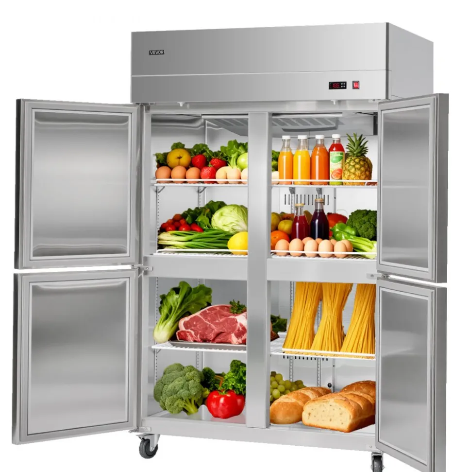 VEVOR Commercial Refrigerator, 31.89 in Width Reach In Upright Refrigeration Four Door, 31.4 Cu.ft Auto-Defrost Stainless Steel Refrigerator with 6 Adjustable Shelves, 32 to 50℉ Temp Range, 4 Wheels