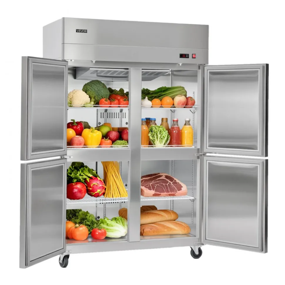 VEVOR Commercial Refrigerator, 31.89 in Width Reach In Upright Refrigeration Four Door, 31.4 Cu.ft Auto-Defrost Stainless Steel Refrigerator with 6 Adjustable Shelves, 32 to 50℉ Temp Range, 4 Wheels