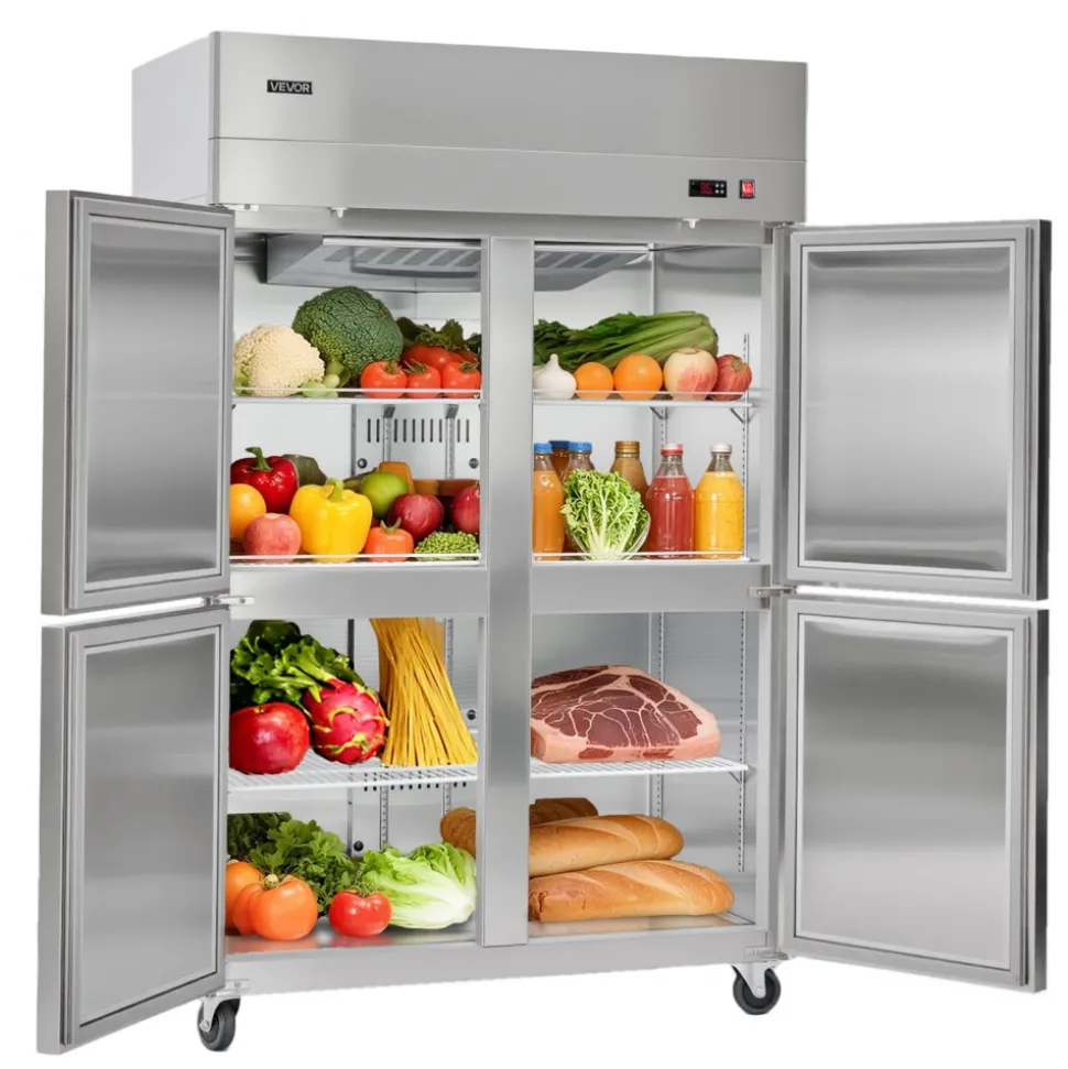 VEVOR Commercial Refrigerator, 31.89 in Width Reach In Upright Refrigeration Four Door, 31.4 Cu.ft Auto-Defrost Stainless Steel Refrigerator with 6 Adjustable Shelves, 32 to 50℉ Temp Range, 4 Wheels