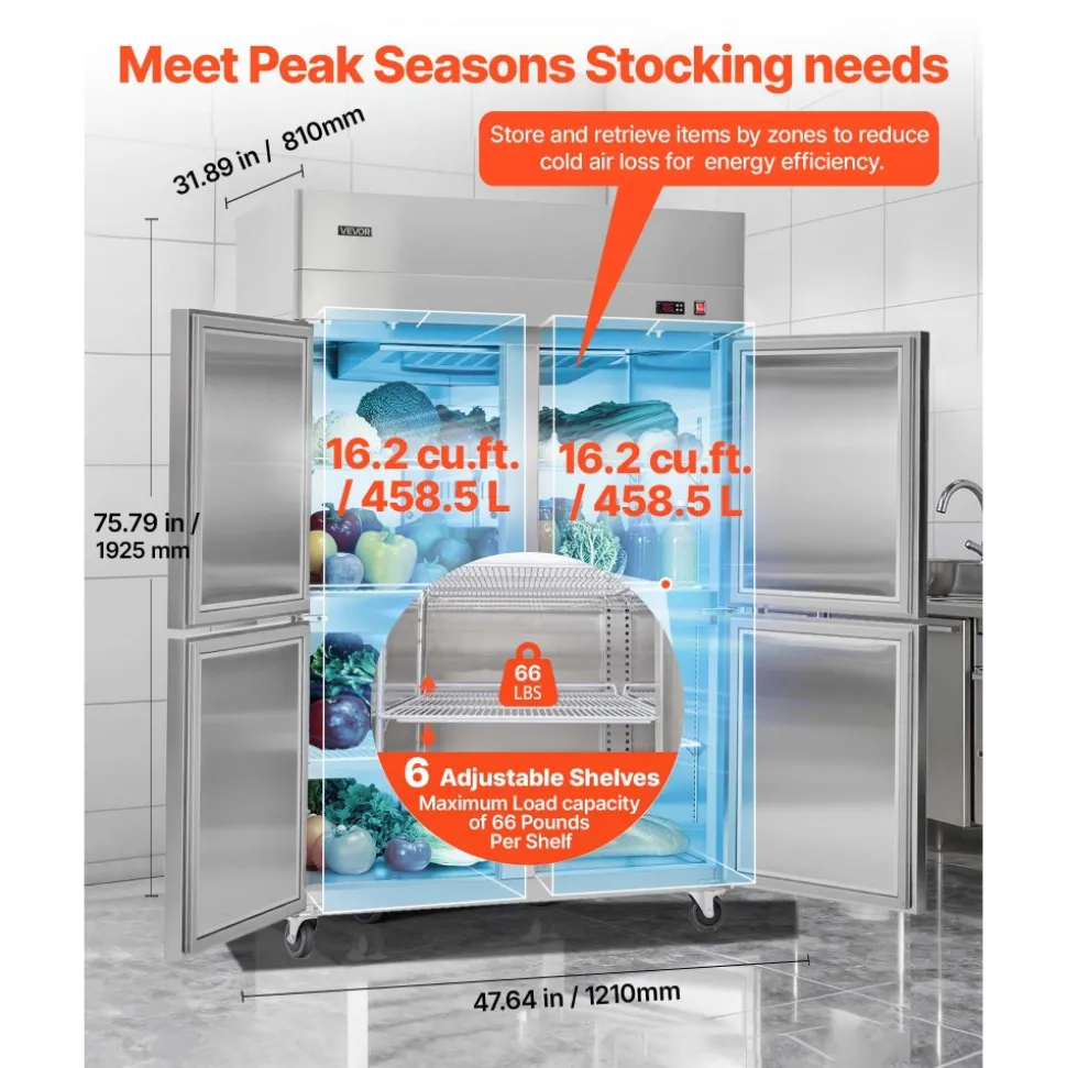 VEVOR Commercial Refrigerator, 31.89 in Width Reach In Upright Refrigeration Four Door, 31.4 Cu.ft Auto-Defrost Stainless Steel Refrigerator with 6 Adjustable Shelves, 32 to 50℉ Temp Range, 4 Wheels