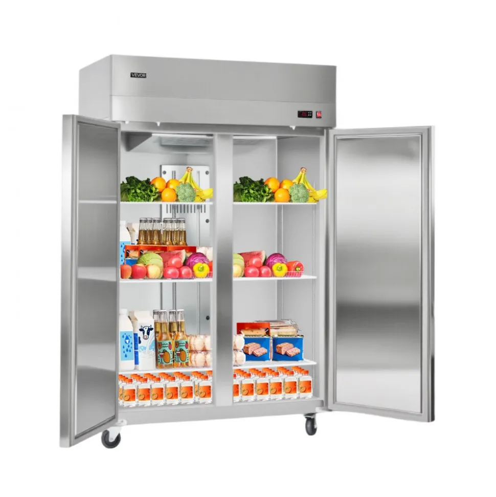 VEVOR Commercial Refrigerator, 31.89 in Width Reach In Upright Refrigeration Double Door, 32.1 Cu.ft Auto-Defrost Stainless Steel Refrigerator with 8 Adjustable Shelves, 32 to 50℉ Temp Range, 4 Wheels