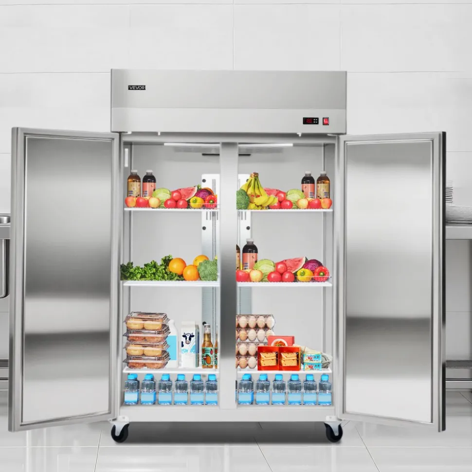 VEVOR Commercial Refrigerator, 31.89 in Width Reach In Upright Refrigeration Double Door, 32.1 Cu.ft Auto-Defrost Stainless Steel Refrigerator with 8 Adjustable Shelves, 32 to 50℉ Temp Range, 4 Wheels