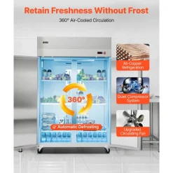 VEVOR Commercial Refrigerator, 31.89 in Width Reach In Upright Refrigeration Double Door, 32.1 Cu.ft Auto-Defrost Stainless Steel Refrigerator with 8 Adjustable Shelves, 32 to 50℉ Temp Range, 4 Wheels