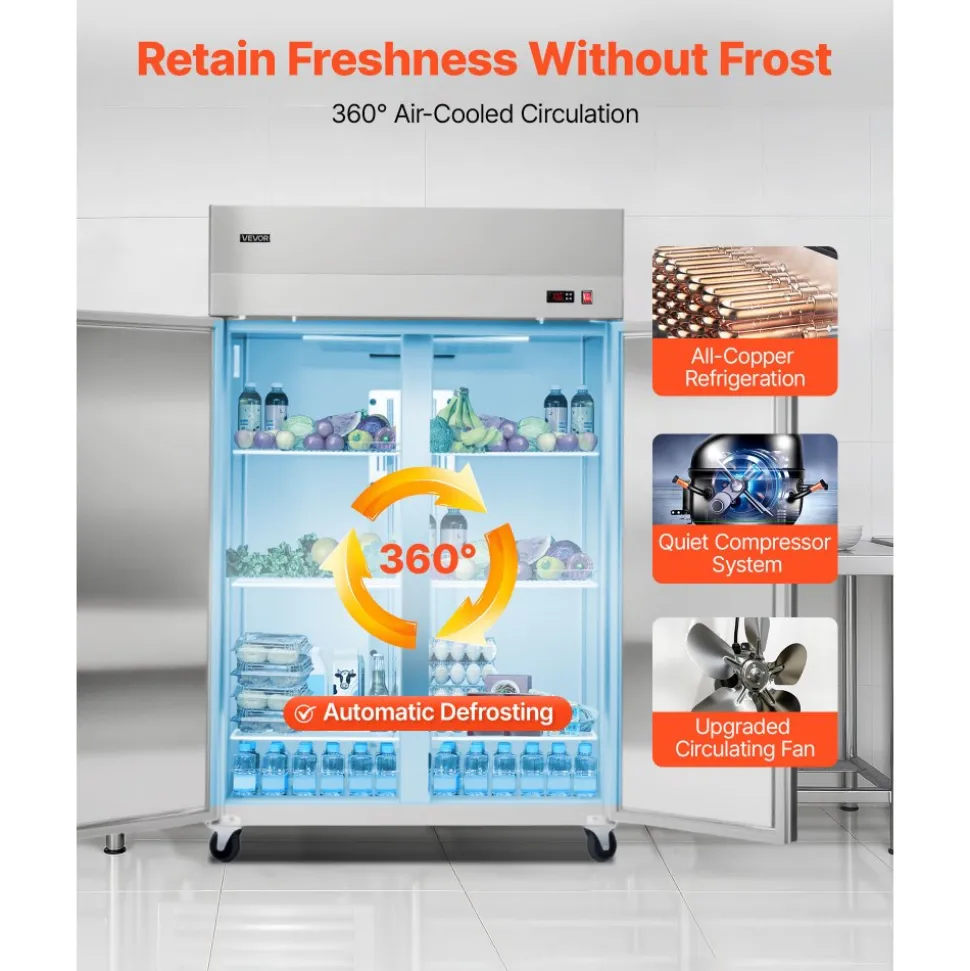 VEVOR Commercial Refrigerator, 31.89 in Width Reach In Upright Refrigeration Double Door, 32.1 Cu.ft Auto-Defrost Stainless Steel Refrigerator with 8 Adjustable Shelves, 32 to 50℉ Temp Range, 4 Wheels