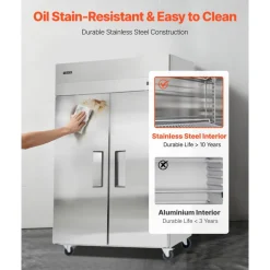 VEVOR Commercial Refrigerator, 31.89 in Width Reach In Upright Refrigeration Double Door, 32.1 Cu.ft Auto-Defrost Stainless Steel Refrigerator with 8 Adjustable Shelves, 32 to 50℉ Temp Range, 4 Wheels