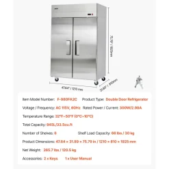 VEVOR Commercial Refrigerator, 31.89 in Width Reach In Upright Refrigeration Double Door, 32.1 Cu.ft Auto-Defrost Stainless Steel Refrigerator with 8 Adjustable Shelves, 32 to 50℉ Temp Range, 4 Wheels