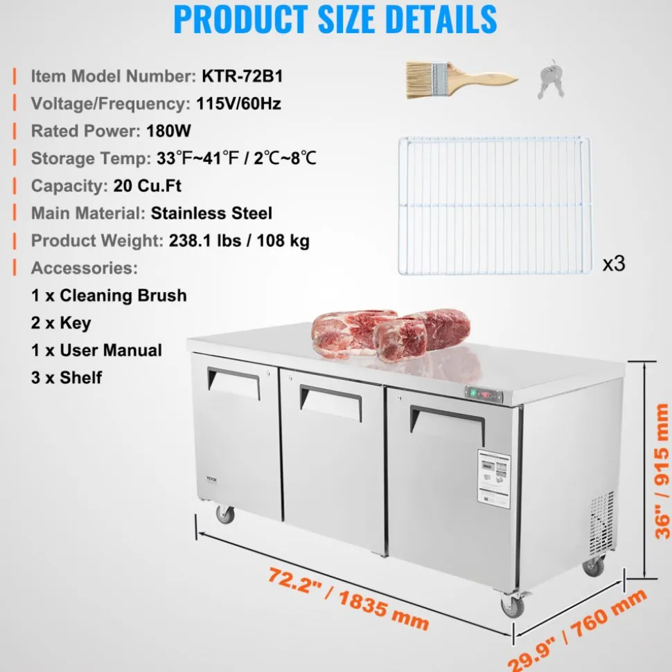 VEVOR 72" Commercial Refrigerator Sandwich & Salad Prep Table, 20 Cu. Ft Stainless Steel Refrigerated Food Prep Station with 3 Doors, Frost Free Refrigerator with Lock for Restaurant, Bar, Store