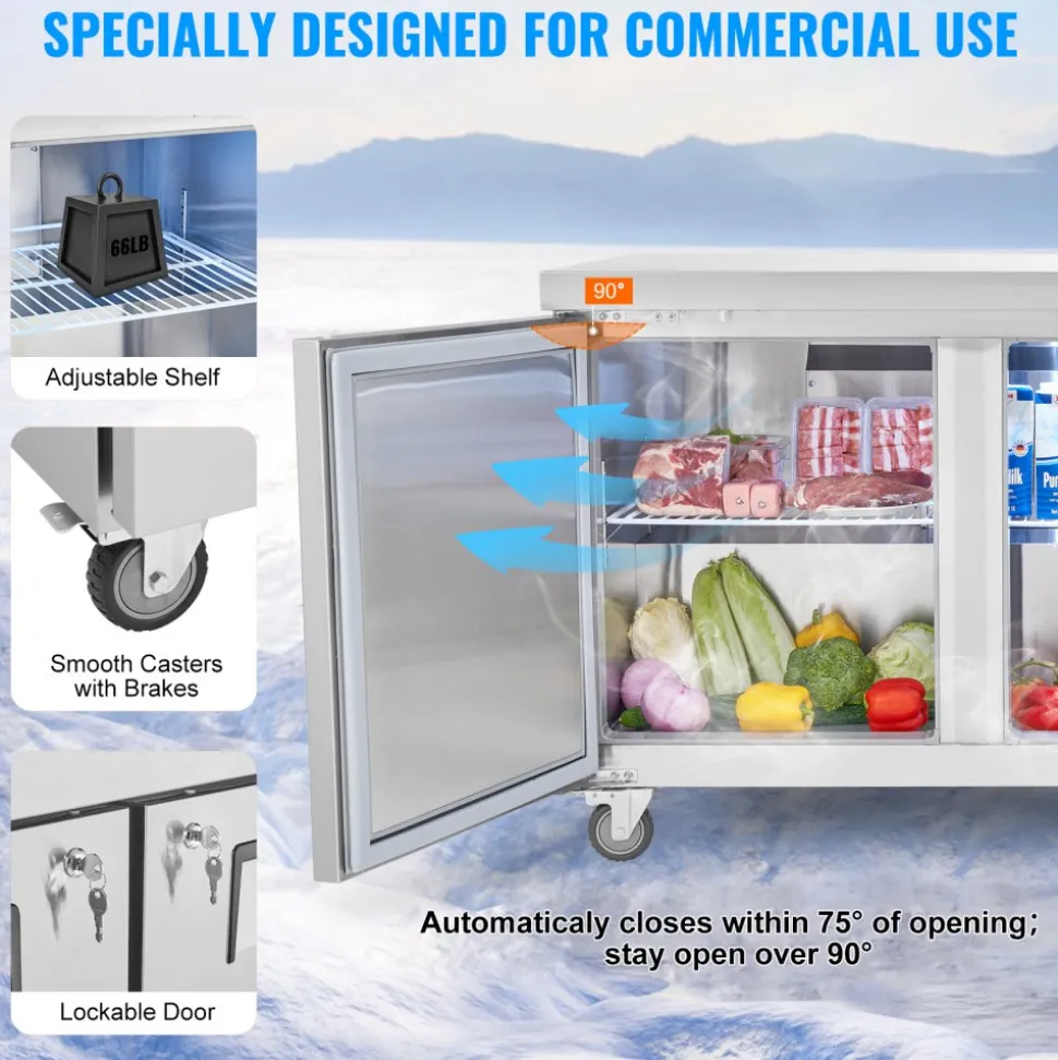 VEVOR 72" Commercial Refrigerator Sandwich & Salad Prep Table, 20 Cu. Ft Stainless Steel Refrigerated Food Prep Station with 3 Doors, Frost Free Refrigerator with Lock for Restaurant, Bar, Store